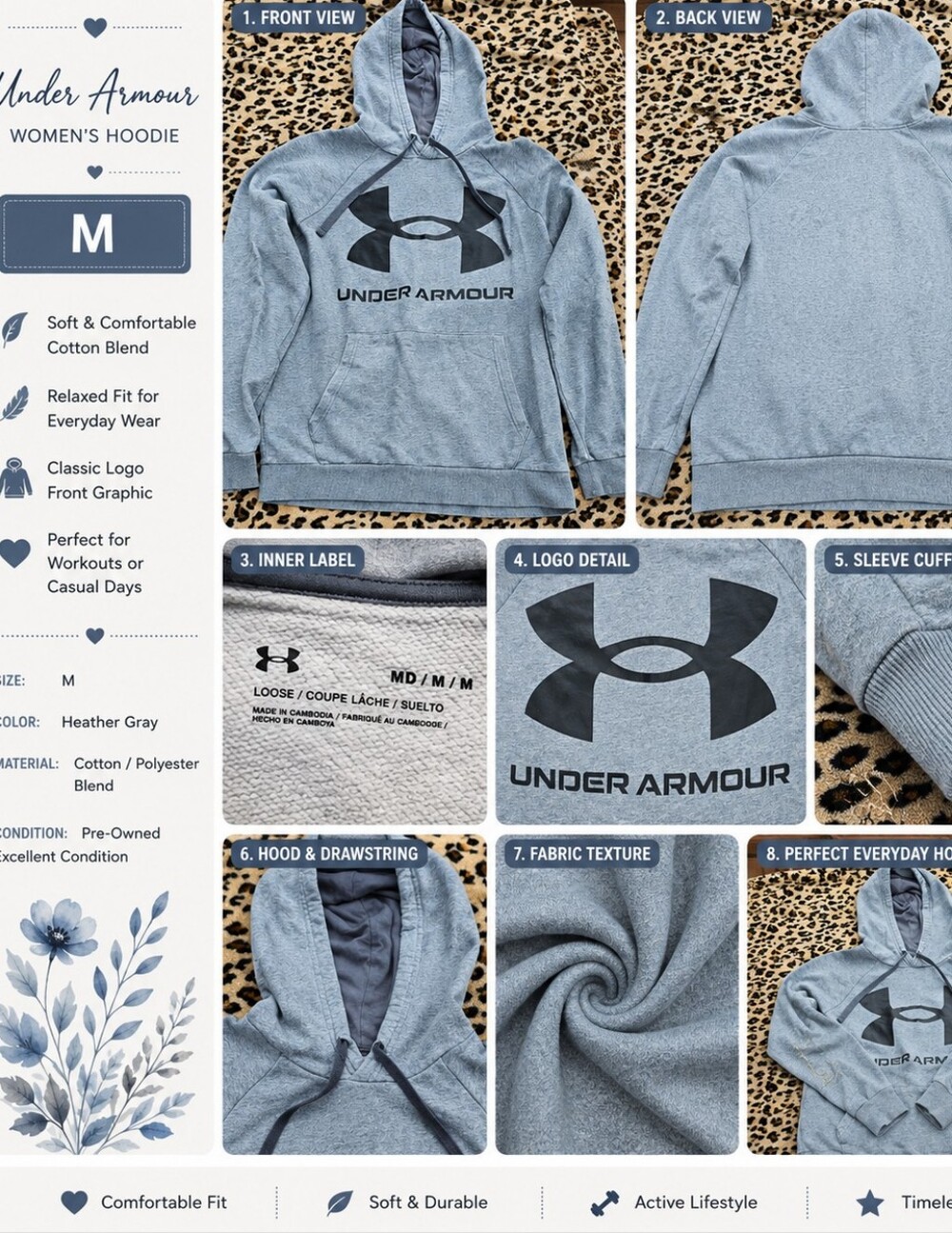 Under Armour Womens Light Heather Gray Zip-Up Hoodie with Black Logo